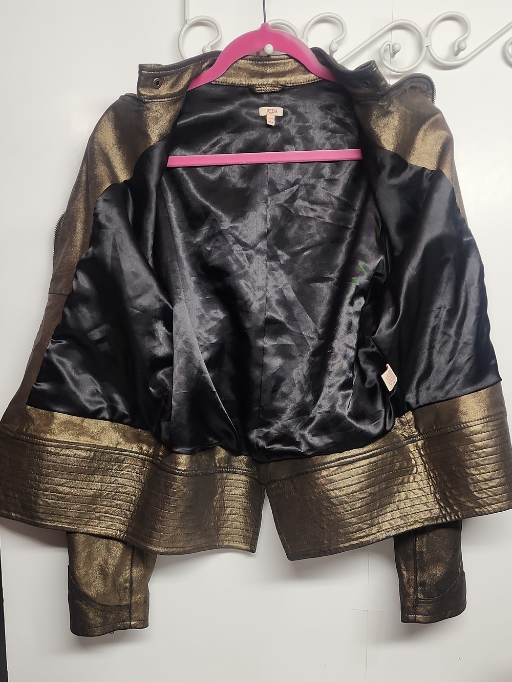 REBA Western Metallic Bronze/Gold Goat Leather Moto Black Lining Jacket Size L - Picture 7 of 9